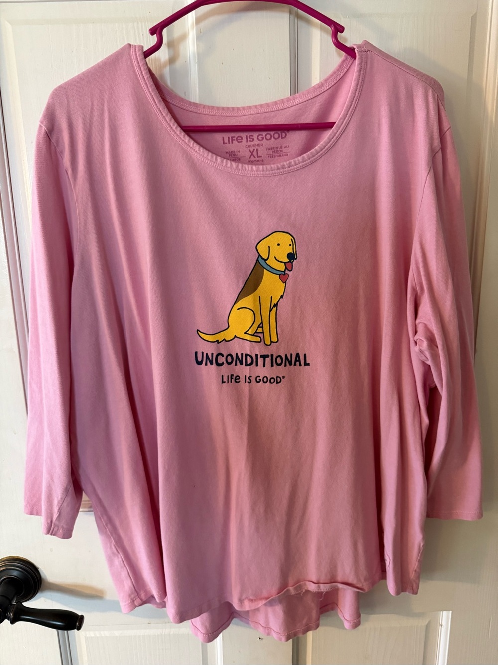 Life Is Good Pink Long-Sleeve Dog Tee with Yellow Pup Graphic